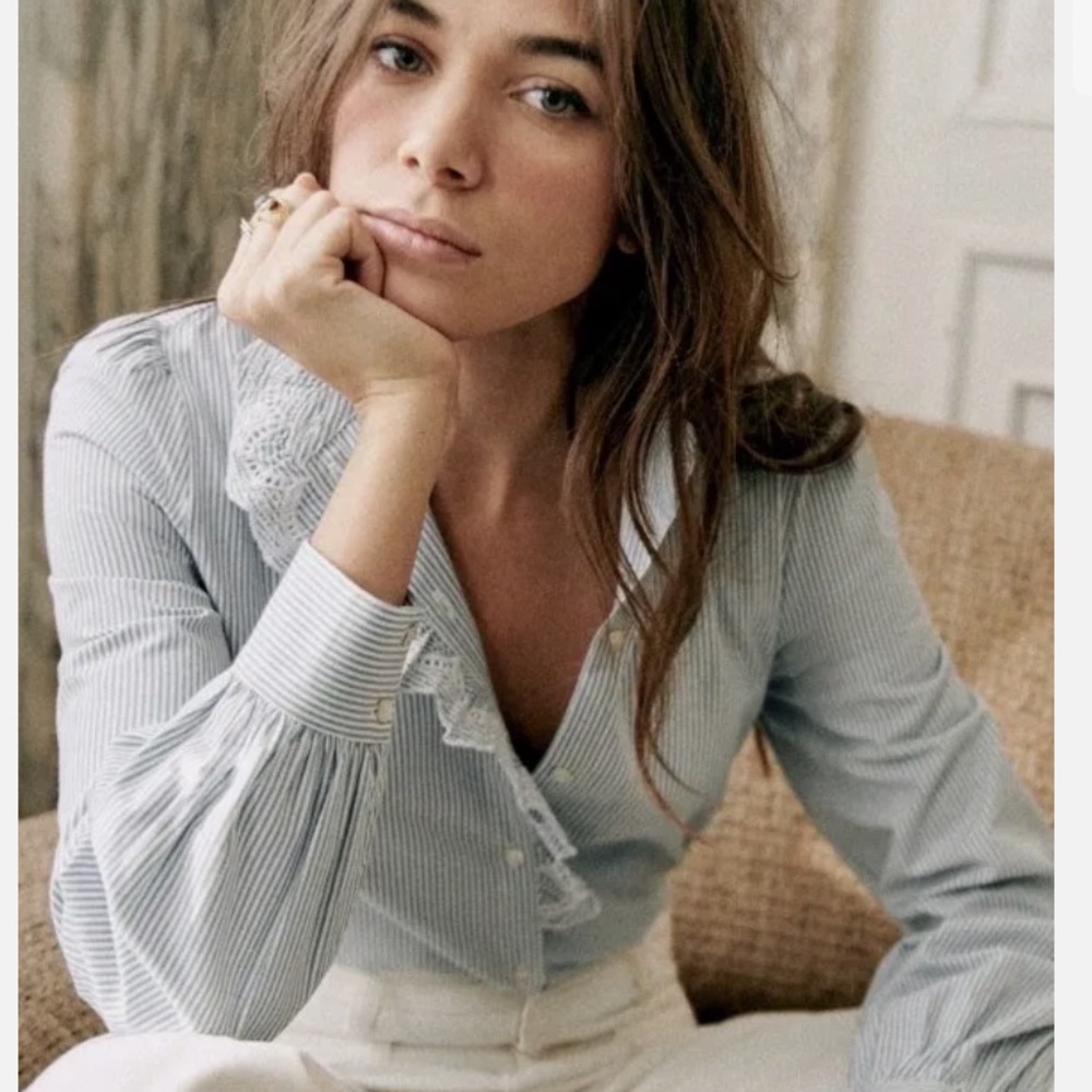 Sezane Blue Striped Button Down Shirt